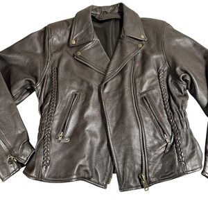 VTG Womens L Brown Leather Motorcycle Moto Jacket Braided Detail Full Zip YKK